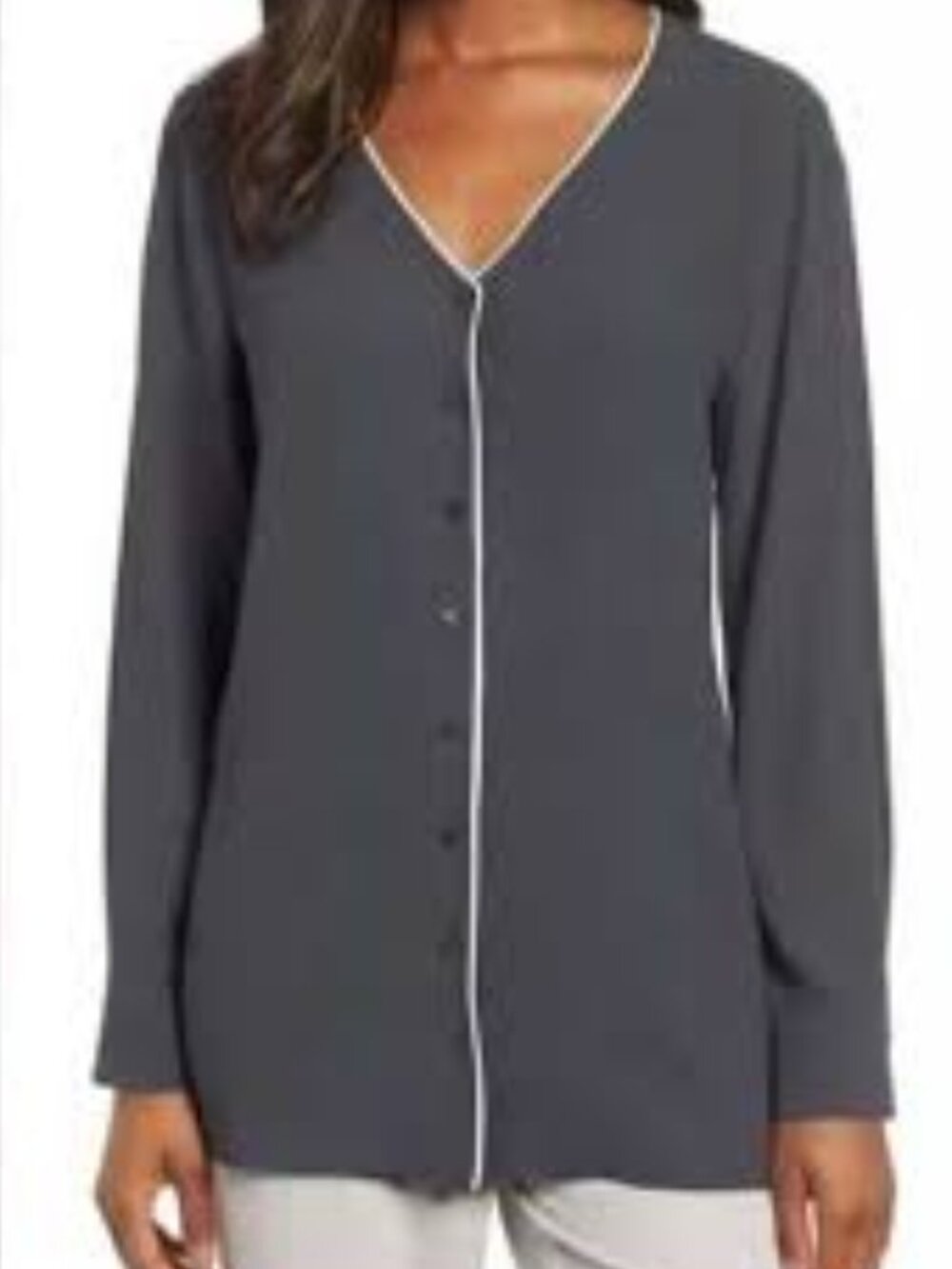 NWT Eileen Fisher Graphite Silk Georgette Crepe V-Neck Shirt